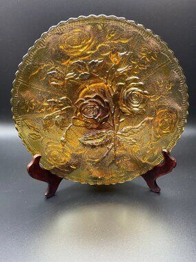 Imperial Glass Rose Pattern Dark Marigold Carnival Console Bowl